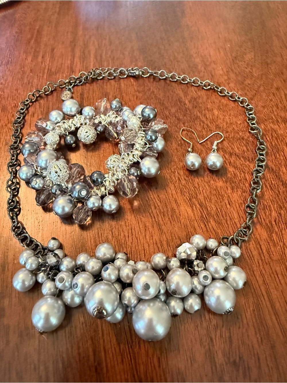 Pearl Cluster Necklace, Bracelet & Earrings Set - Silver Gray